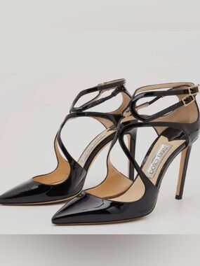 Jimmy Choo Lancer Black Patent Leather Pointed Toe Ankle-Strap Heels 39 8.5